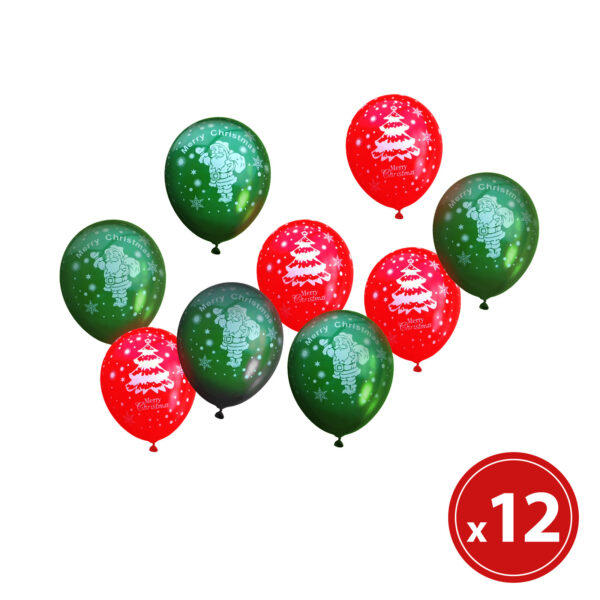 Karácsonyi mintás lufi szett, piros és zöld színben - 12 db/csomag