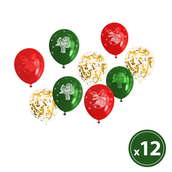 Karácsonyi mintás lufi szett, piros, zöld és arany színben - 12 db/csomag
