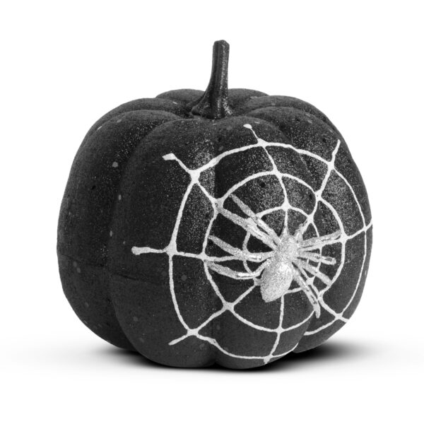 Halloween-i tök dekoráció - fekete glitteres - pókhálóval